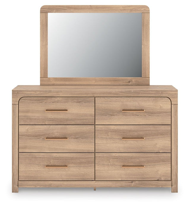 Kinlanni - 3 Pc. - Queen Upholstered Panel Bed, Dresser And Mirror - Tan