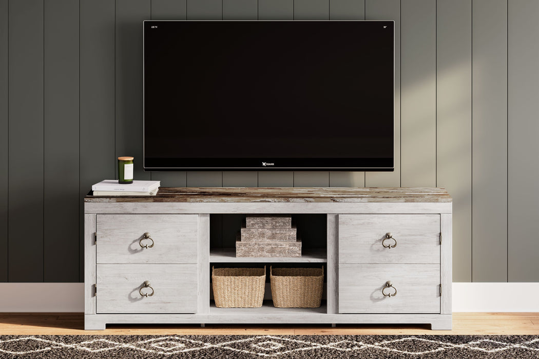 Willowton - Whitewash - 72" TV Stand With Fireplace Insert Glass/Stone
