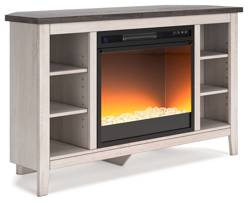Dorrinson - White / Black / Gray - Corner TV Stand With Fireplace Insert Glass/Stone
